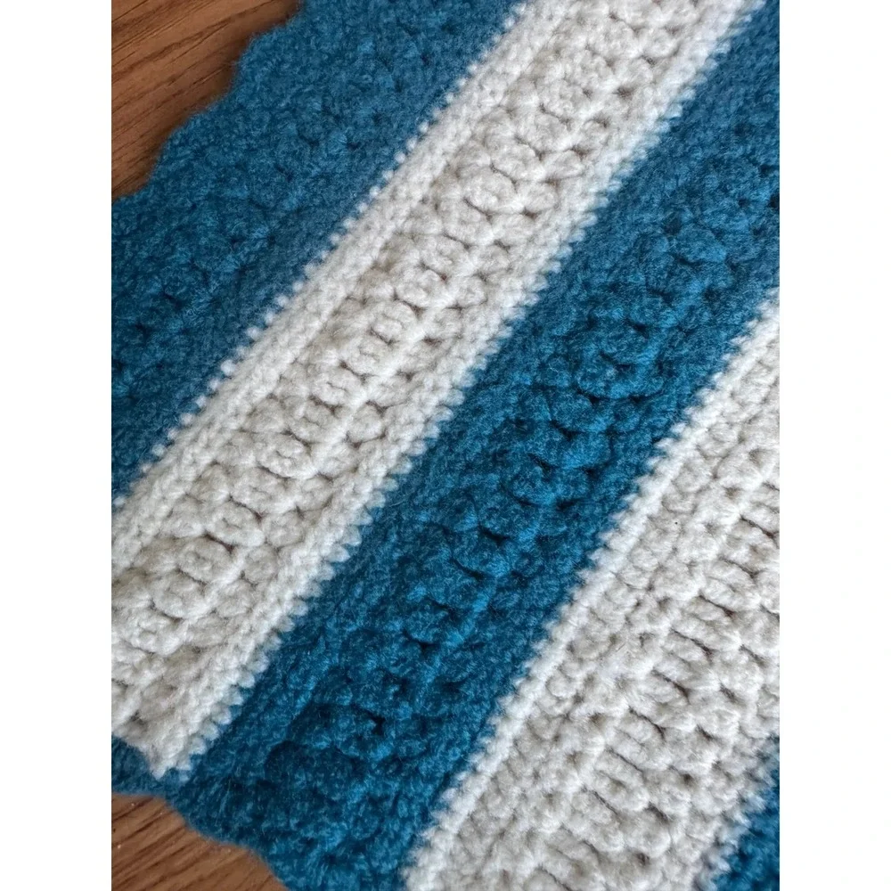 Handmade Crochet Baby Blanket Striped Teal Blue Cream Scalloped Edge Throw 42x44